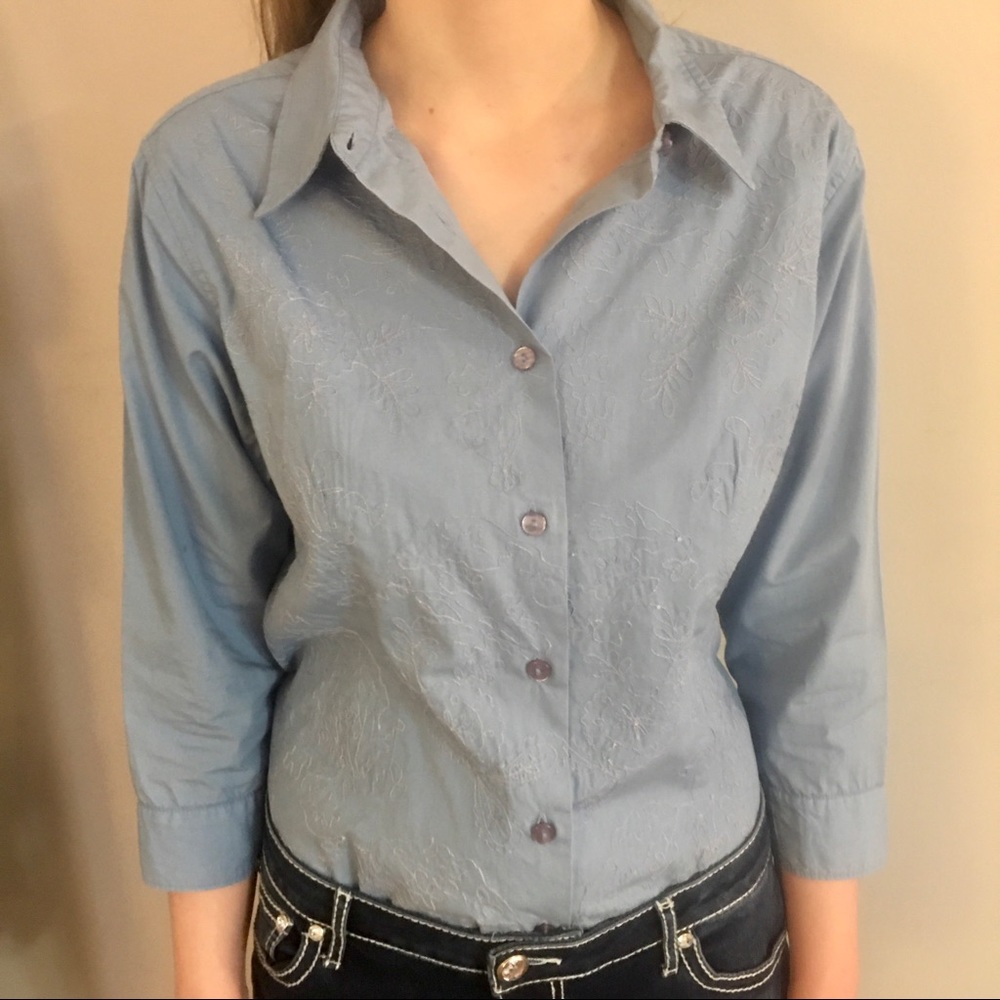Woman’s blue fitted blouse, size L, 3/4 sleeves, button down, embroidere…